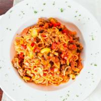 Wildflower Spaghetti · Ground angus beef, smoked beef sausage,  mushrooms,  fresh tomatoes, onions, red bell pepper...