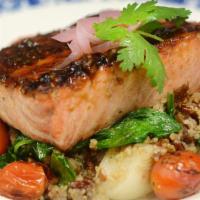 Grilled Salmon · heirloom grains, spinach, citrus scallion drizzle | gff | #
