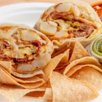 Bacon Breakfast Burrito · With scrambled eggs, bacon, potato, cheese, and salsa.