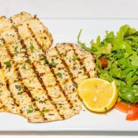 Chicken Paillard · pounded jidory chicken breast/aromatic herbs/citrus olive oil/with a side of chopped salad