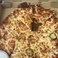 Deluxe - Large · Pepperoni, Italian sausage, smoked ham, freshly sliced mushrooms, onions, black olives and b...