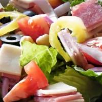 Antipasto Salad · Mixed greens, pepperoni, ham, freshly sliced mushroom, red onion, black olive, tomato, and c...