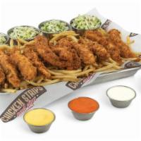 Family Meal · Twelve chicken tender strips, shoestring fries, 4 sides of coleslaw, and your choice of 4 di...