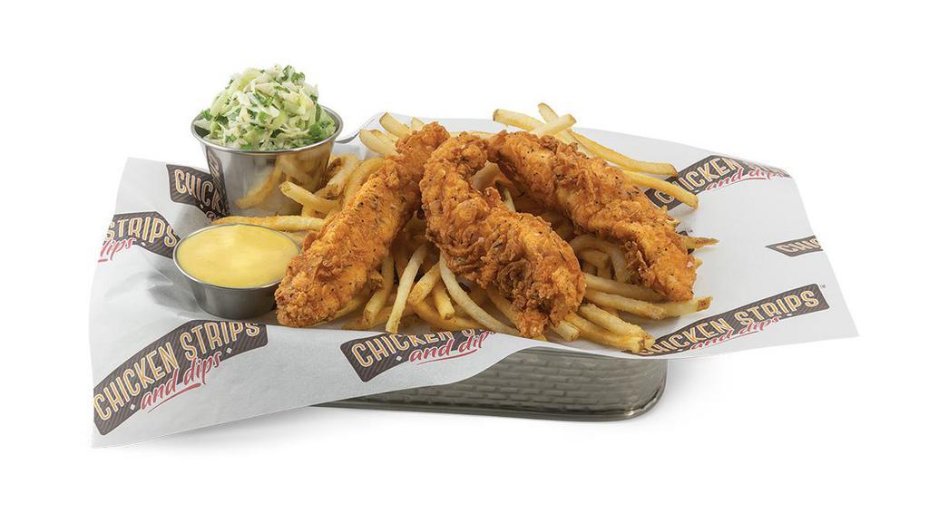 3 Chicken Tender Strip Meal · Three chicken tender strips, shoestring fries, coleslaw, and your choice of 1 dipping sauce.