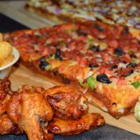 Party Pack · Enough delicious eats to win everyone over: choice of two pizzas, choice of 30 wings, jalape...