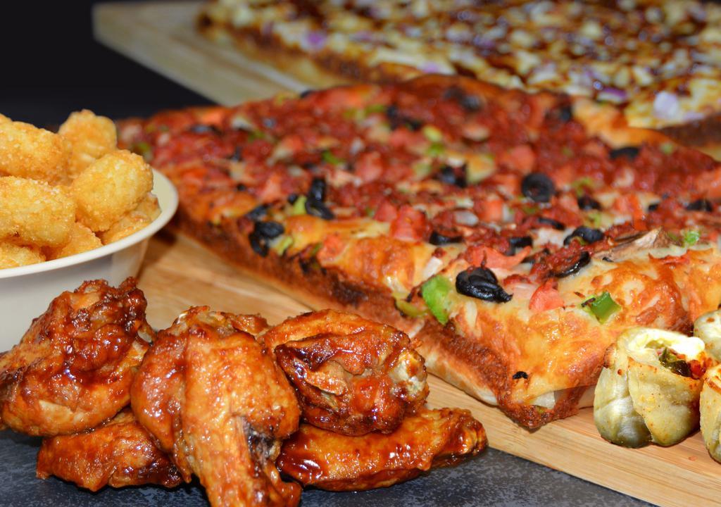 Party Pack · Enough delicious eats to win everyone over: choice of two pizzas, choice of 30 wings, jalapeno poppers, and tots.
