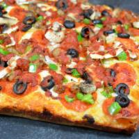 The Works Pizza · All the goods: pepperoni, sausage, bell peppers, onions, mushrooms, and olives. Cali-Detroit...