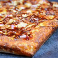 Bbq Chicken Pizza · Giddy up with hickory smoked BBQ sauce, roasted chicken, and red onions. Cali-Detroit style ...