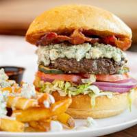 Bleu Cheese Burger · Charbroiled fresh 6 oz. chuck beef patty with house dressing, lettuce, tomato and crumbled B...