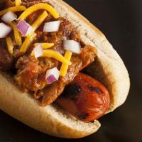 Chili-Cheese Dog · Fresh grilled jumbo all-beef hotdog, with mayo, sautéed onion, chili and topped with cheddar...