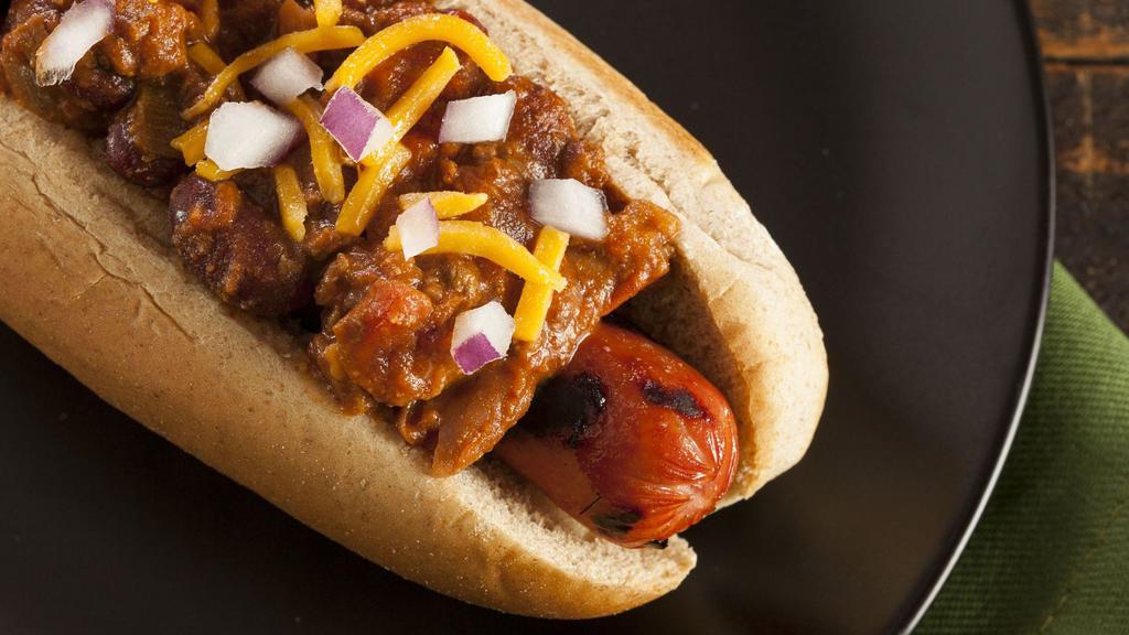 Chili-Cheese Dog · Fresh grilled jumbo all-beef hotdog, with mayo, sautéed onion, chili and topped with cheddar cheese.