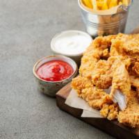 Kids Chicken Strips · Two pieces of crispy chicken strips, small fries & small fountain drink. 
*10 & under