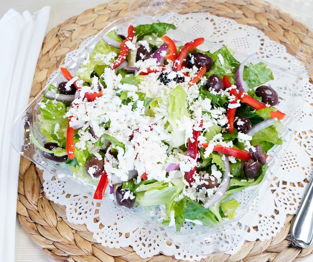 Greek Salad · Romaine lettuce, tomatoes, Greek olives, cucumber, red onions, red bell peppers, crumbled feta and Greek dressing