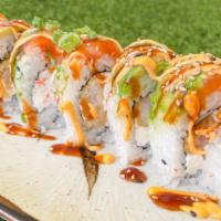 Alaskan Roll · In: shrimp tempura, crab cream cheese out: salmon, spicy mayo, eel sauce
