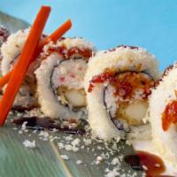 Crunchy Calamari Roll · In: calamari tempura, crab out: crunchies, eel sauce