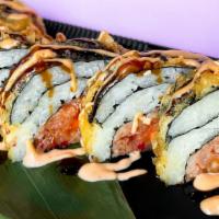 Monkey · (in) salmon, spicy tuna, gobo, avocado, deep fried
(out) eel sauce, spicy mayo
