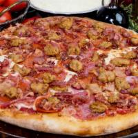 Meat Lovers Pizza · Red sauce, original crust, mozzarella cheese, pepperoni, salami, canadian bacon, applewood s...