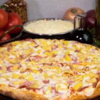 Hawaiian Pizza · Red sauce, original crust, mozzarella cheese, canadian bacon, pineapple & extra cheese.