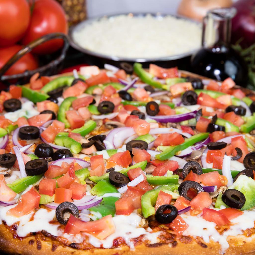 Epic Veggie Pizza · Red sauce, original crust, mozzarella cheese, mushrooms, red onions, green peppers, black olives, fresh tomatoes, salt & pepper.