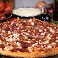 Bbq Chicken Pizza · Spicy BBQ sauce, original crust, mozzarella cheese, chicken, applewood smoked bacon & red on...