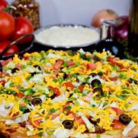 Taco Pizza · Taco sauce, original crust, mozzarella & cheddar cheese, beef, lettuce, green onions, black ...