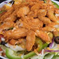 Buffalo Chicken Salad · Iceberg lettuce, chicken, bell peppers, red onions, fresh tomatoes, mozzarella cheese, chedd...