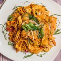 Drunken Noodles (Spicy Noodles) · Vegetarian, gluten-free. Thick flat rice noodles, chili, bell pepper, onion, carrot, egg, th...