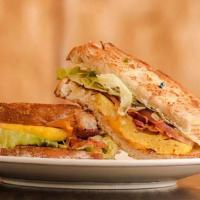 Bae Breakfast · Bacon, eggs, Cheddar cheese, mayo, lettuce, tomatoes on toasted rustic sourdough.