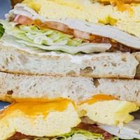 Protein Breakfast · Turkey, eggs, Cheddar cheese, mayo, lettuce, tomatoes on toasted rustic sourdough.