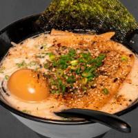Katsuo Gyu-Tonkotsu Ramen · rich pork/beef broth, thin noodles, pork belly, shoyu egg, katsuo furikake, bean sprout, men...