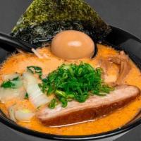 Spicy Miso Gyu-Tonkotsu Ramen · spicy pork/beef broth, thin noodles, pork belly, shoyu egg, bean sprout, bok choy, menma, on...