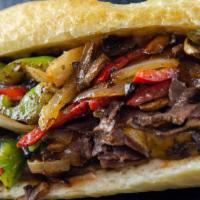Philly Cheese Steak · Bell peppers, grilled mushroom and onion, Provolone cheese, yellow American cheese, and mayo.