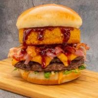 Bbq Bacon Cheeseburger · Two 3oz. ground beef patties topped with bacon, an onion ring, sherry onions, Burn Burger sa...