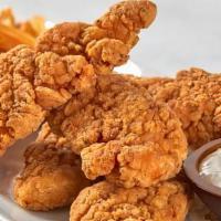 Chicken Tenders · Chicken tenders cooked golden-brown and crispy; served with a side of fries and blue cheese ...