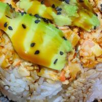 Gohan Trio Mix · White rice topped with chicken, beef, shrimp, spicy crab, cream cheese, and avocado