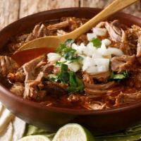 Birria De Res Caldo · Beef stew. Served with handmade tortillas, cilantro, onion, and salsa.