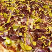 Pastrami Large · Cheese, pastrami, pickles, peperoncinis, red onion, and mustard drizzle