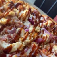 Bbq Chicken Large · Cheese, Chicken, Red Onion, Bacon Bits, and BBQ Drizzle