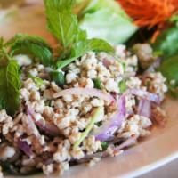 Larb Salad · Ground chicken or pork cooked with green onions, mint leaves, chili and lime juice.