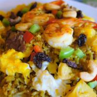 Hawaiian Fried Rice · A combination of meats (pork, beef, chicken & shrimp), cashew nuts, raisins, pineapple and o...
