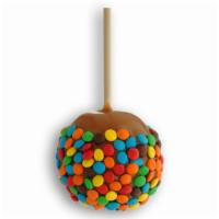 M&M Apple · Caramel-covered Granny Smith apple covered in M&M Chocolate candy pieces