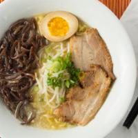 Tonkotsu Ramen · Egg noodles with pork and chicken broth soup. Green onions, beansprouts, wood ear mushrooms,...