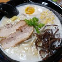 Miso Ramen · Tonkotsu soup base with rich miso flavor. Green onions, bean sprouts, wood ear mushrooms, fr...