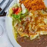 Enchiladas · Green or red sauce. Beef, chicken, or cheese.
