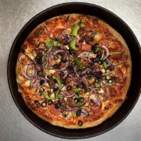 Combo · Pepperoni, Italian sausage, mushrooms, bell peppers, red onions, black olives.
