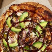 Tex Mex Bbq · BBQ chicken, red onions, jalapenos, topped with fresh avocado & BBQ swirl.
