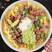 Jalapeno Beef Shawarma Fries · (Vegetarian) Beef shawarma, sour cream, melted cheese, guacamole, cilantro, grilled onions, ...