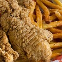 3 Chicken Strips And Side Of Fries · Three golden fried chicken strips served with a side of fries