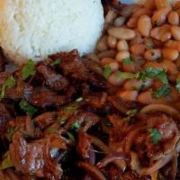 Skirt Steak · Skirt Steak with Grilled Onions, white rice, black beans serve with Maduros