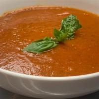 Tomato Basil Soup · Olive oil, red onion. celery, carrots, basil leaves, oregano, sage, garlic, homemade Pomodor...
